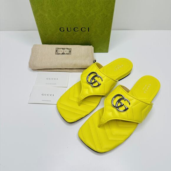 Gucci Marmont Chevron Double G 37/ US 7 Thong Sandals Lime Yellow Leather NIB - Picture 6 of 13